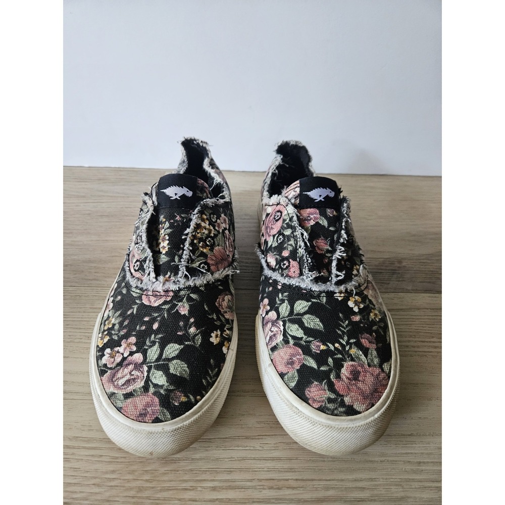 Dark Floral Raw Edge Sneakers 8.5 Black Rose Canvas Laceless Slip On Tennis Shoe